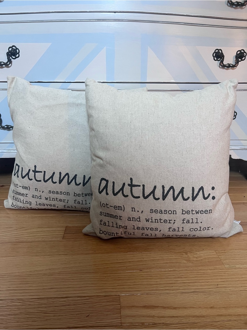 Autumn Decorative Throw Pillow Pair - Neutral Linen Text Print
